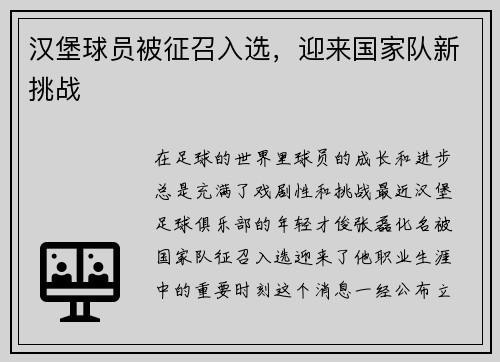 汉堡球员被征召入选，迎来国家队新挑战